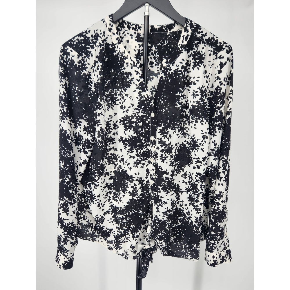 Talbots Womens Large Black White Abstract Floral Tie Front Button Blouse Top